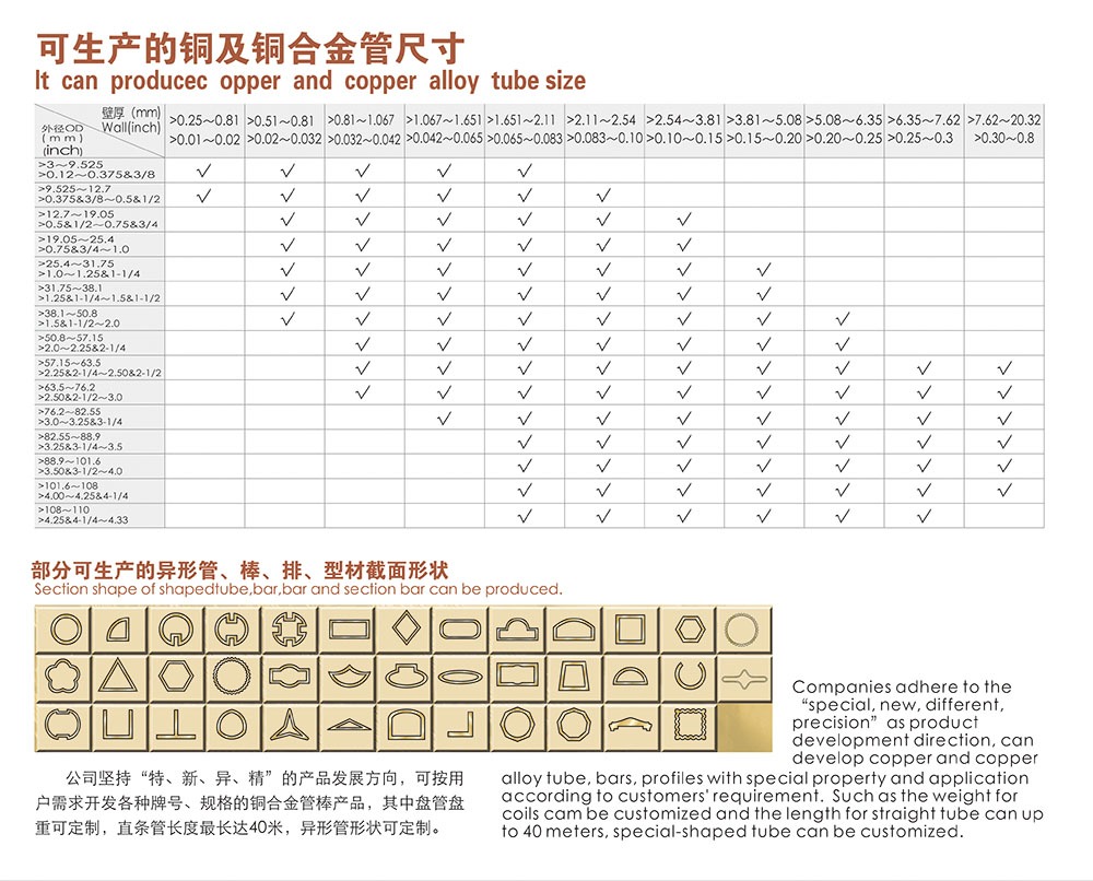可生產(chǎn)的銅及銅合金管尺寸